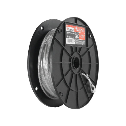 Cable de acero rígido.,Grosor: 3/32” (2.5 mm).,Longitud:75 m (246 ft).,Capacidad de carga: 330 kg (727 lb).,Hilos 7x7,Guadacabos incluidos.