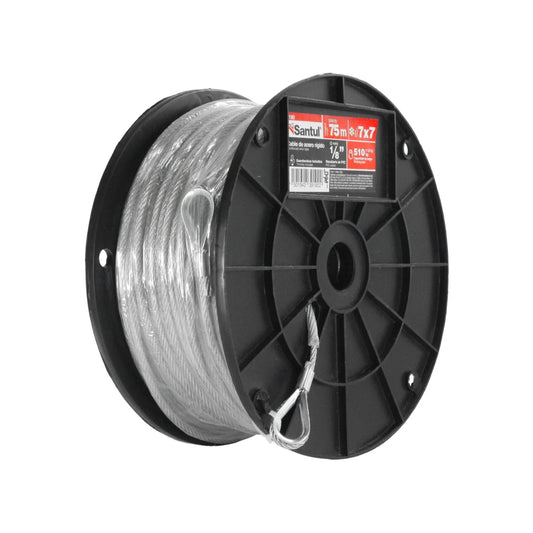Cable de acero rígido.,Grosor: 1/8” (3 mm).,Longitud:75 m (246 ft).,Capacidad de carga: 510 kg (1,124 lb).,Hilos 7x7,Guadacabos incluidos.