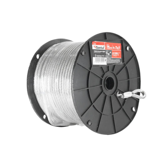 Cable de acero rígido.,Grosor: 3/16” (5 mm).,Longitud:75 m (246 ft).,Capacidad de carga: 1,320 kg (2,910 lb).,Hilos 7x7,Guadacabos incluidos.