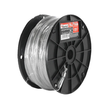 Cable de acero flexible.,Grosor: 1/8” (3 mm).,Longitud:75 m (246 ft).,Capacidad de carga: 730 kg (1,609 lb).,Hilos 7x19,Guadacabos incluidos.