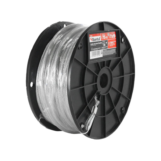 Cable de acero flexible.,Grosor: 1/8” (3 mm).,Longitud:75 m (246 ft).,Capacidad de carga: 730 kg (1,609 lb).,Hilos 7x19,Guadacabos incluidos.