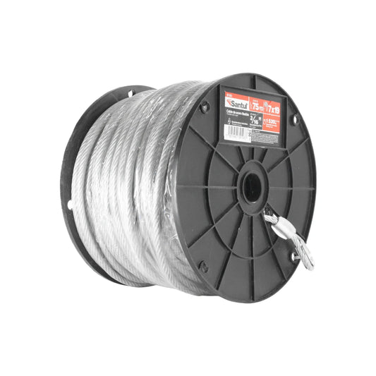 Cable de acero flexible.,Grosor: 3/16” (5 mm).,Longitud:75 m (246 ft).,Capacidad de carga: 1,520 kg (3,351 lb).,Hilos 7x19,Guadacabos incluidos.