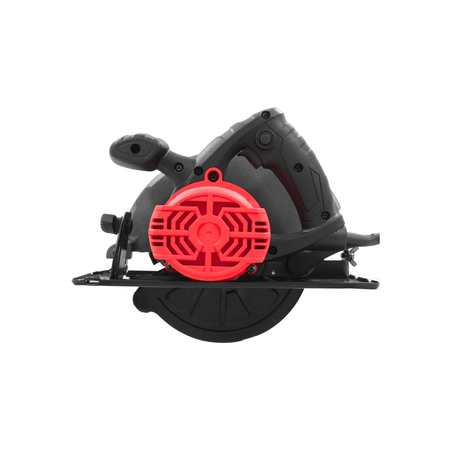 Sierra circular eléctrica negra con carcasa roja, disco 7 1/4", potente para cortes de precisión en madera.
