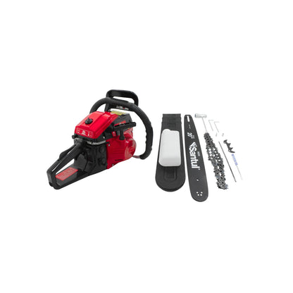 Motosierra a gasolina roja Santul 9650 con barra de 20 pulgadas, cadena y herramientas para corte profesional.