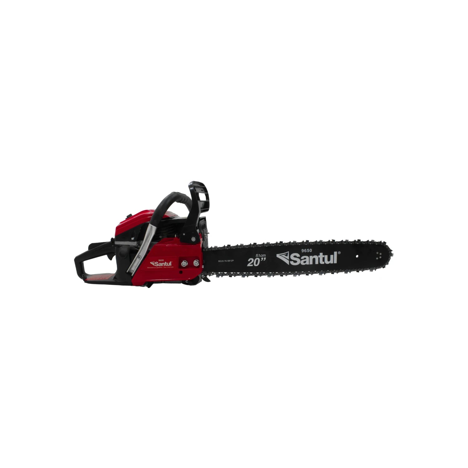 Motosierra a gasolina Santul 9650 roja con barra de 20 pulgadas (51cm) para corte de madera y poda.