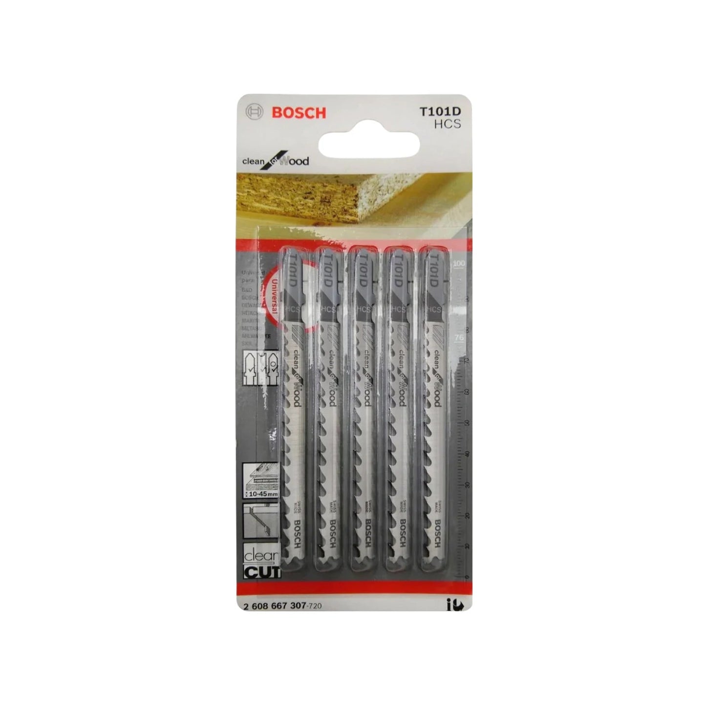 Seguetas Bosch T101D HCS para caladora, corte limpio en madera, 5 piezas, compatibles 10-45mm
