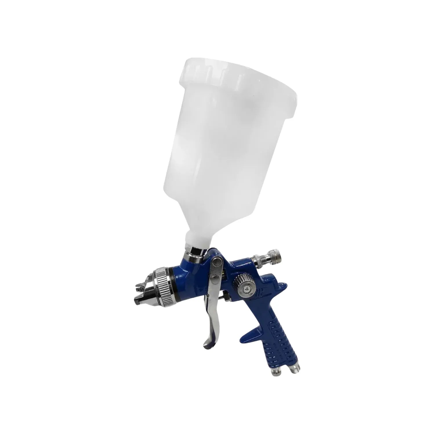 Vaso de aluminio capacidad 0.6 litros.,Presion máxima 43-72 psi y consumo de aire 2-5 CFM.,Conexión de aire 1/4" y apertura de abanico de 170 mm,Control de flujo de pintura y presion de aire.