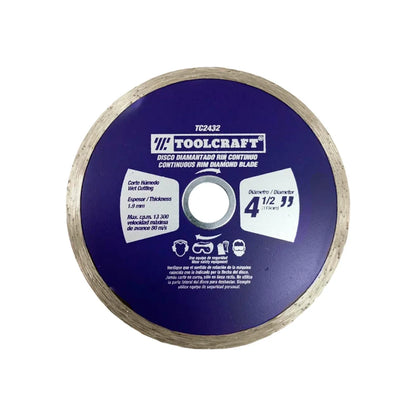 Disco diamantado rín continuo.,Corte para materiales de construcción.,Diámetro: 4 1/2"(114 mm).,Eje: 7/8"(22.23 mm).,Espesor: 1.9 mm,Velocidad 13300 RPM,Ideal para cortes en concreto, piedra, cerámica, loseta, marmol, ladrillo y materiales duros.,Excelente calidad en acabados.,Usar guantes y lentes de protección al momento de su uso.