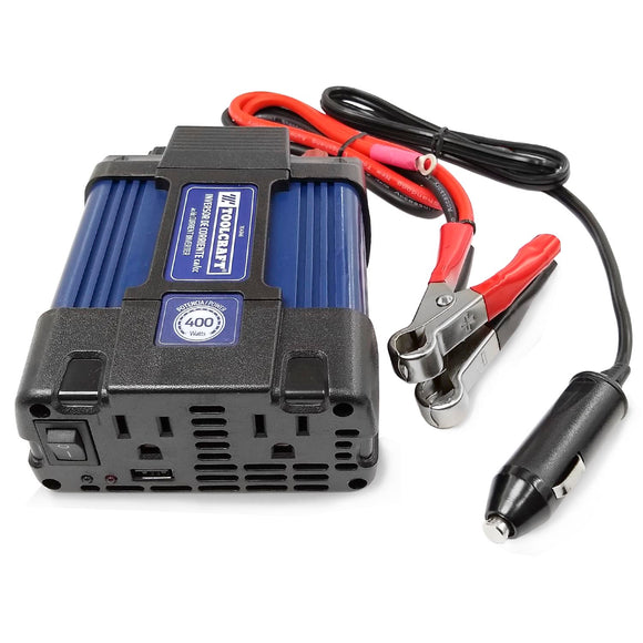 Potencia: 400 W,Adaptador para auto.,Apagado automático por batería baja.,Incluye cables caimán para conectar a batería.