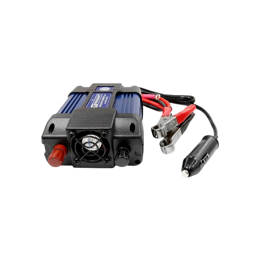 Potencia: 400 W,Adaptador para auto.,Apagado automático por batería baja.,Incluye cables caimán para conectar a batería.