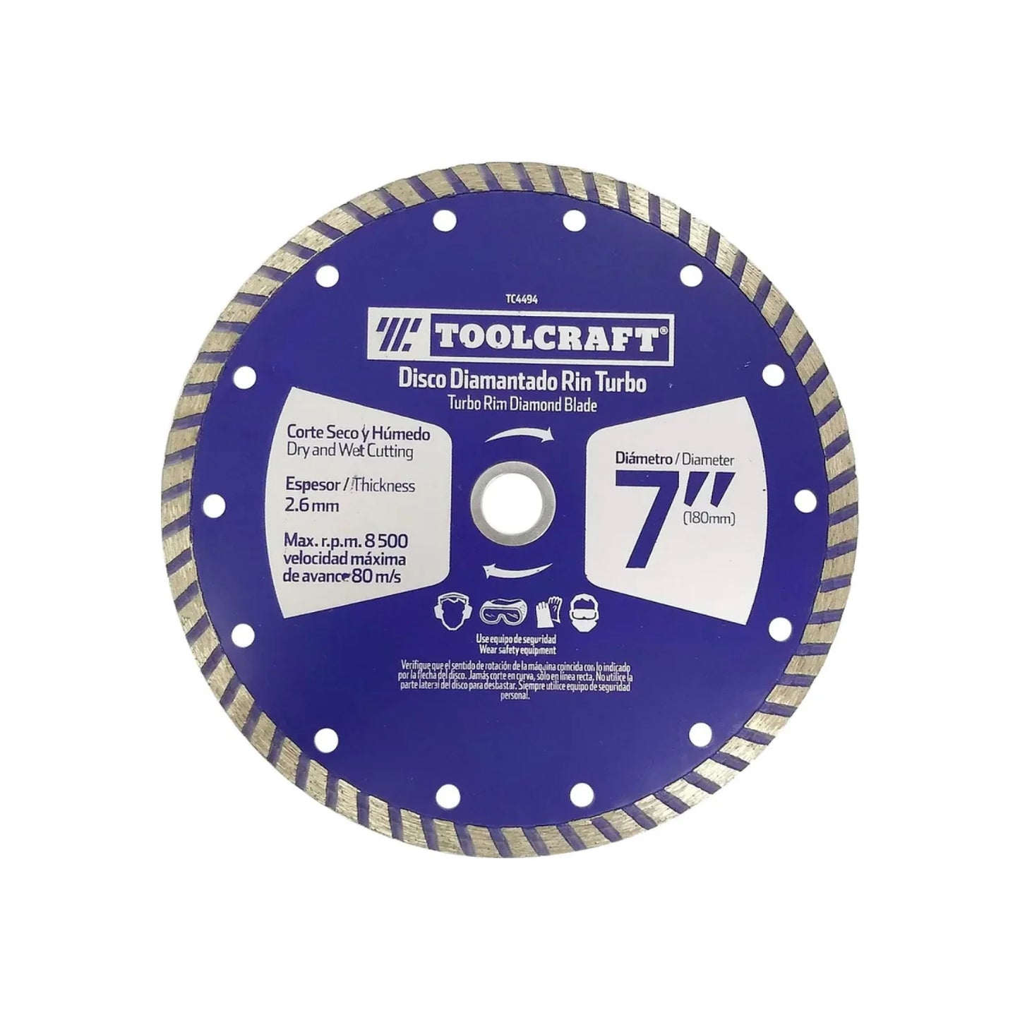 Disco diamantado corte turbo.,Corte para materiales de construcción.,Diámetro: 7"(180 mm,Eje: 7/8"(22.23 mm).,Espesor: 2.6 mm,Velocidad 8500 RPM,Corte seco y húmedo.,Usar guantes y lentes de protección al momento de su uso. 