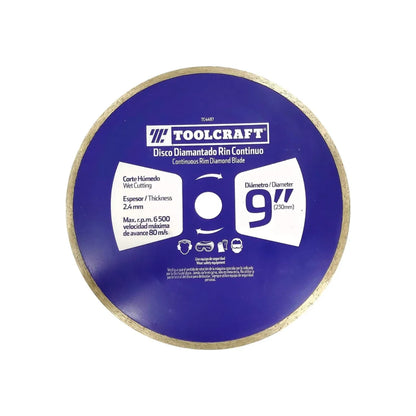 Disco diamantado corte continuo.,Eje de 7/8" con adaptador de 5/8",Diámetro de 9" (230 mm).,Espesor de 2.4 mm y altura de 5.5 mm,Velocidad: 6500 RPM,Velocidad máxima de avance 80 m/s