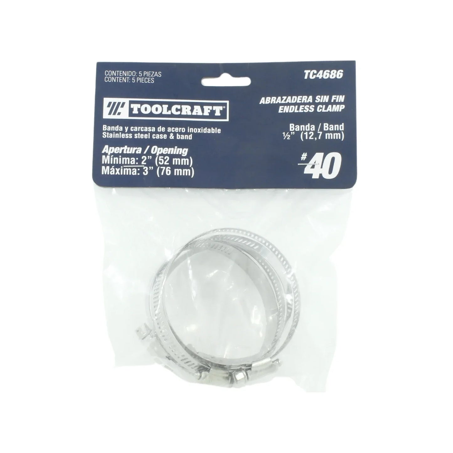 Fabricada de acero inoxidable.,#40,Banda ½” (12.7 mm).,Apertura mínima: 2” (52 mm).,Apertura máxima: 3” (76 mm).,Contenido: 5 piezas