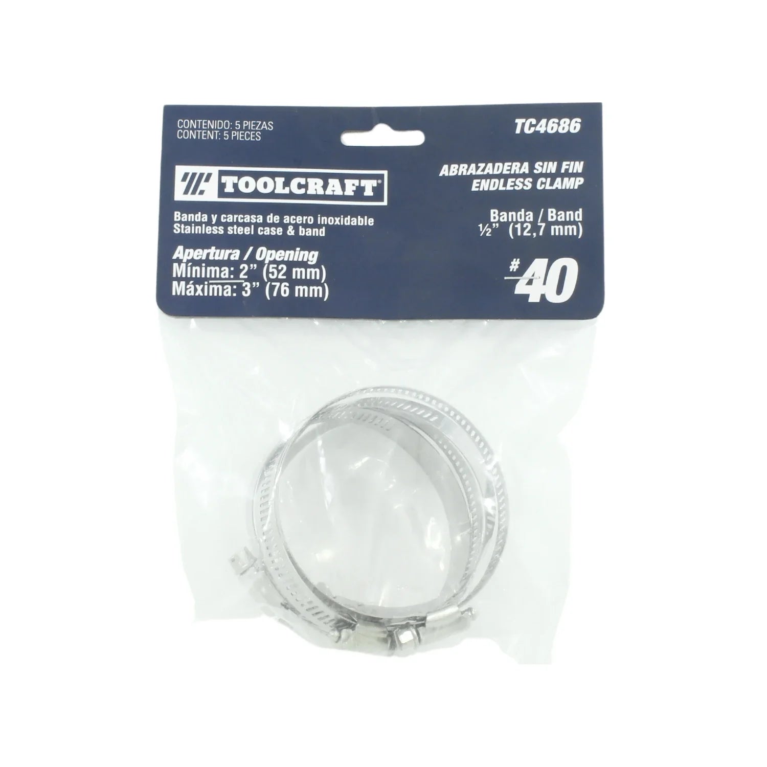 Fabricada de acero inoxidable.,#40,Banda ½” (12.7 mm).,Apertura mínima: 2” (52 mm).,Apertura máxima: 3” (76 mm).,Contenido: 5 piezas
