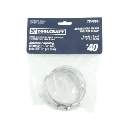 Fabricada de acero inoxidable.,#40,Banda ½” (12.7 mm).,Apertura mínima: 2” (52 mm).,Apertura máxima: 3” (76 mm).,Contenido: 5 piezas